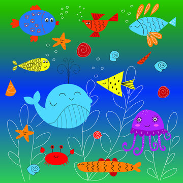 Cartoon sea animals. Cute ocean fish, jellyfish, crabs, whale, starfish, seashells. A set of vector illustrations of underwater animals.