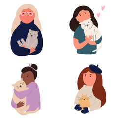 Vector illustrations of happy women hugging cats. Set of women portraits with animals.