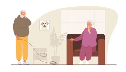  Sad elderly man tells his wife he lost dog on walk. Elderly woman in shock. Dog got lost or ran away. Senior couple grieves about dog at home. Pet portrait on wall. Flat vector illustration