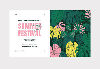 Tropical leaves design template. Summer festival banner design. Exotic leaves composition. Vector illustration