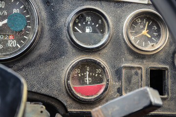Dashboard in an old truck close-up