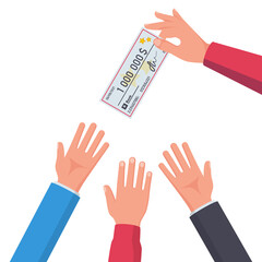 Lottery concept. A man holds a check on one million dollars in hand. Many wishes to win the prize. Good luck and gambling. Vector illustration flat design. Players pull hands to the prize.