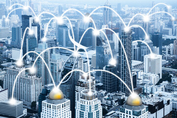 digital data network connection over smart city and communication network over skyline in business zone downtown to metaverse future worldwide technology