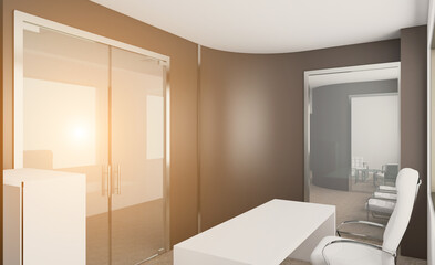Naklejka na ściany i meble Modern office building interior. 3D rendering.. Sunset.