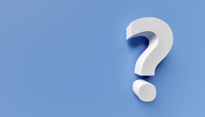 White question mark on blue background. 3d rendering. Copy space on the left - obrazy, fototapety, plakaty
