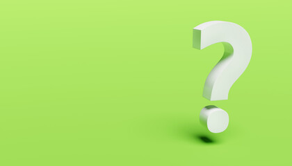 White question mark on green background. 3d rendering. Copy space on the left