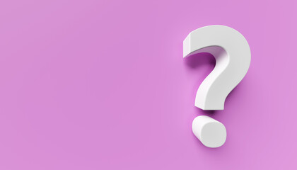 White question mark on pink background. 3d rendering. Copy space on the left