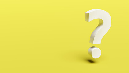 White question mark on yellow background. 3d rendering. Copy space on the left - obrazy, fototapety, plakaty