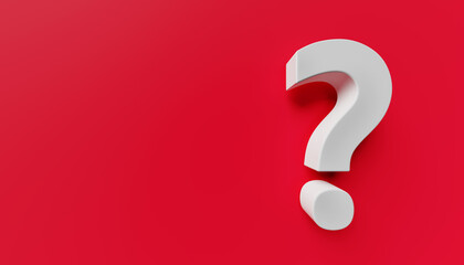 White question mark on red background. 3d rendering. Copy space on the left