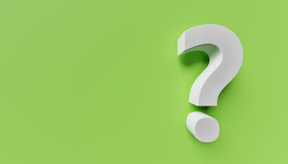 White question mark on green background. 3d rendering. Copy space on the left - obrazy, fototapety, plakaty
