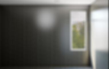 Bokeh blurred phototography. Spacious bathroom in gray tones with heated floors, freestanding