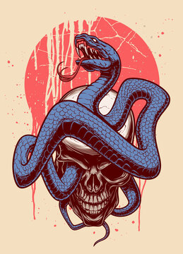 Snake and human skull on the abstract background. Digital ink vector drawing.