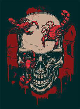 Human skull with red scorpions on the