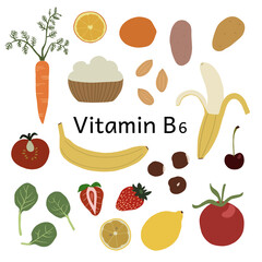Collection of vitamin B6 sources. Dietetic products, organic nutrition. Flat vector cartoon illustration.