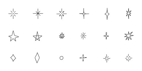 Line star glitter shine doodle set. Stars shine glow, falling or shooting spark glitters, sparkle light. Groups of shining lights. Hand drawn vector illustration