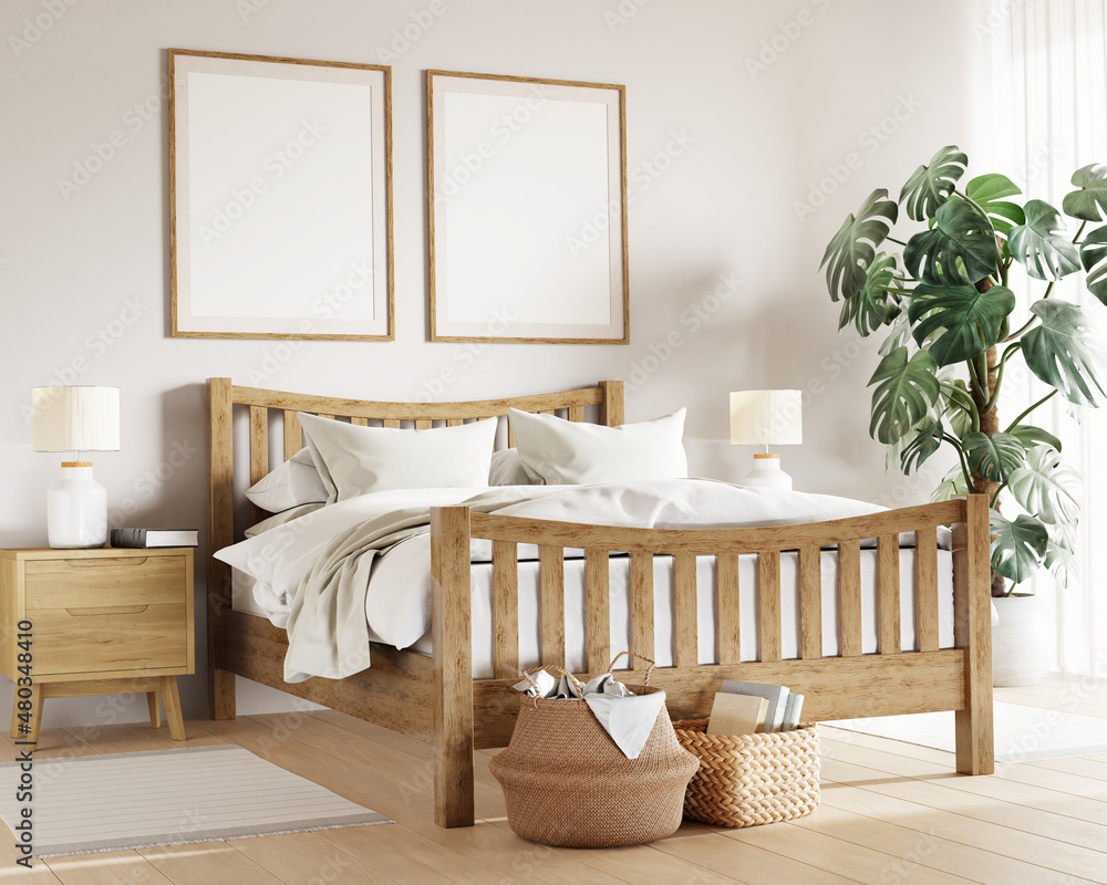 Poster Mock up frames in rustic style bedroom interior. 3D render. 3D interior.