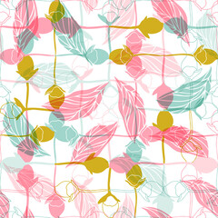Vector floral seamless pattern with rosebuds and leaves. Stylized hand drawn flowers and leaves in pastel colors on white background.