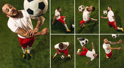 Collage made of shots of one professional football soccer player with ball in motion, action on...