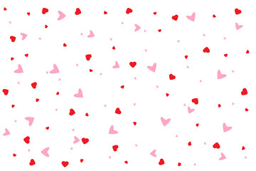 Red hearts confetti. Scatter top gradient on white valentine background. Vector illustration.