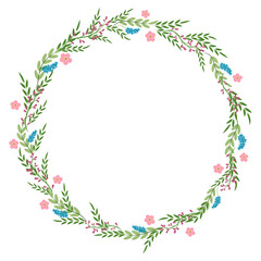 Fototapeta na wymiar Spring Wreath frame with leaves and pink flowers. Greeting card circle template with vintage style elements Doodle Illustration. Flat vector illustration
