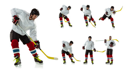 Fototapeta na wymiar Set of images of strong, muscled man, hockey player wearing sportwear in motion isolated on white studio background. Concept of sport, activity