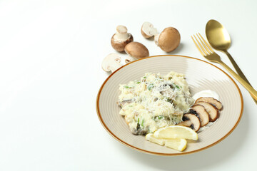Concept of tasty food with risotto with mushrooms, space for text