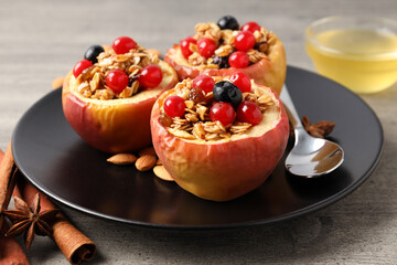 Concept of tasty food with baked apples, close up