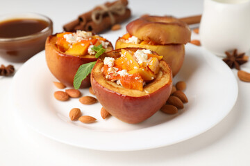 Concept of tasty food with baked apples, close up