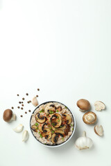 Concept of tasty food with risotto with mushrooms, space for text