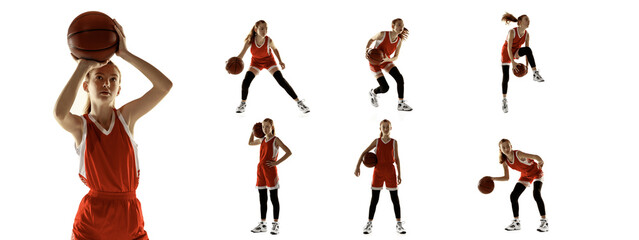 Development of movements. Collage made of images of little girl, basketball player with ball in motion, action isolated on white studio background.