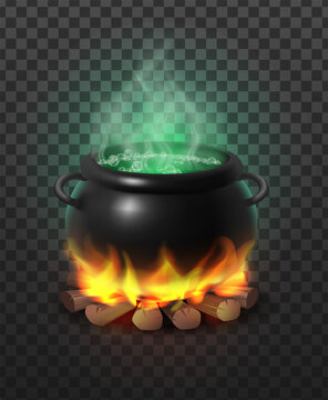 3d realistic icon. Black witch cauldron on campfire with wood with inside magical bubling green potion. On transparent background.
