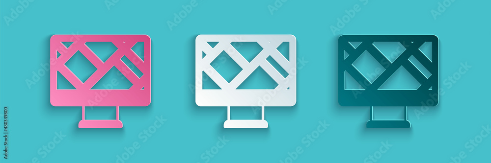 Poster paper cut computer monitor and folded map with location marker icon isolated on blue background. pap