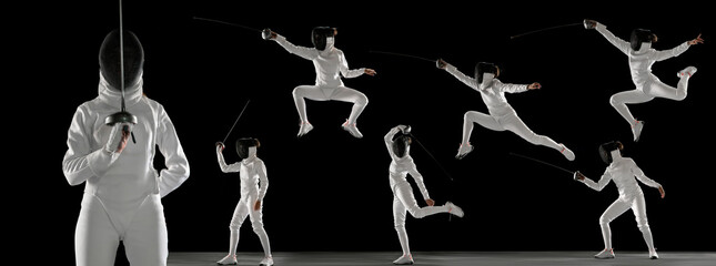 Development of movements in sport training. Young girl, fencer with sword training isolated over...