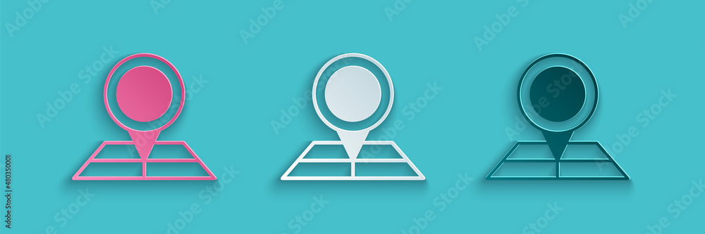 Poster paper cut folded map with location marker icon isolated on blue background. paper art style. vector