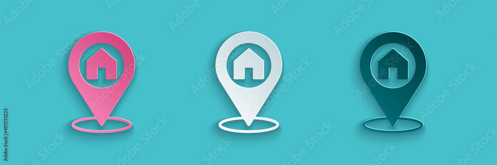 Poster paper cut map pointer with house icon isolated on blue background. home location marker symbol. pape