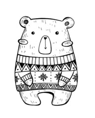 cute bear in a sweater. christmas card. polar bear icons set. doodle illustration
