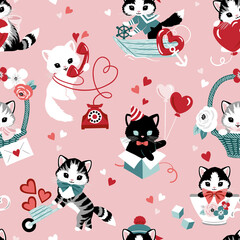 Cute vintage Valentine cats and flowers seamless vector pattern. Perfect for textile, wallpaper or print design.
