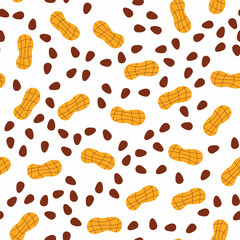 Seamless pattern with ripe raw tasty arachis on white backdrop. Vector illustration of peanut in cartoon flat style