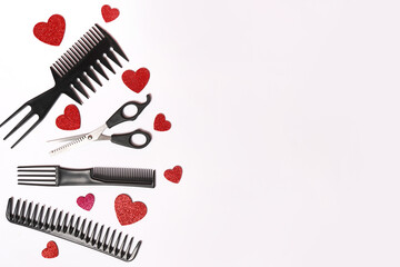 Valentines day white background with hairdressing tools and red hearts. salon accessories