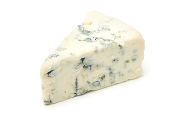 Blue cheese isolated on white background. Triangular piece of gorgonzola cheese. Clipping path and full depth of field
