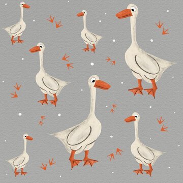 Seamless Pattern with cute grey gooses. Illustration with farm animal on grey background. Fabric, kid’s wallpapers. 