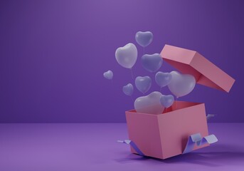 Open gift box with balloons and ribbon. Valentine's Day