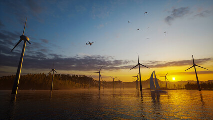 wind turbines in the sea at sunset, wind turbine power plants