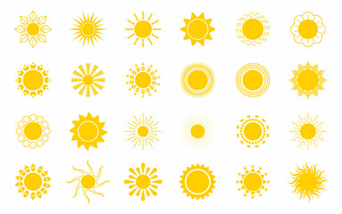 Bright sun icons set vector. Sunset logo in various design on white isolated background.