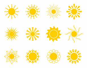 Bright sun icons set vector. Sunset logo in various design on white isolated background.