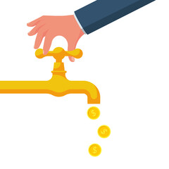 Money tap. Vector illustration flat design. Isolated on white background. Open a water tap, gold coins fall. Finance faucet. Achievement success. Cash flow concept.