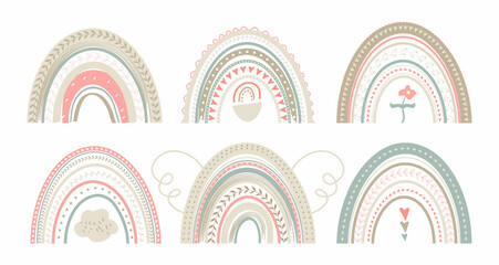 Bohemian cute rainbow vector in pastel colors. Baby abstract, boho rainbows with drops, heart, stars, cloud isolated on white background.