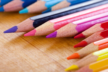Details of Colorful Pencils on Wooden Table