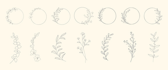 Set of floral round frames labels and banners with branch.