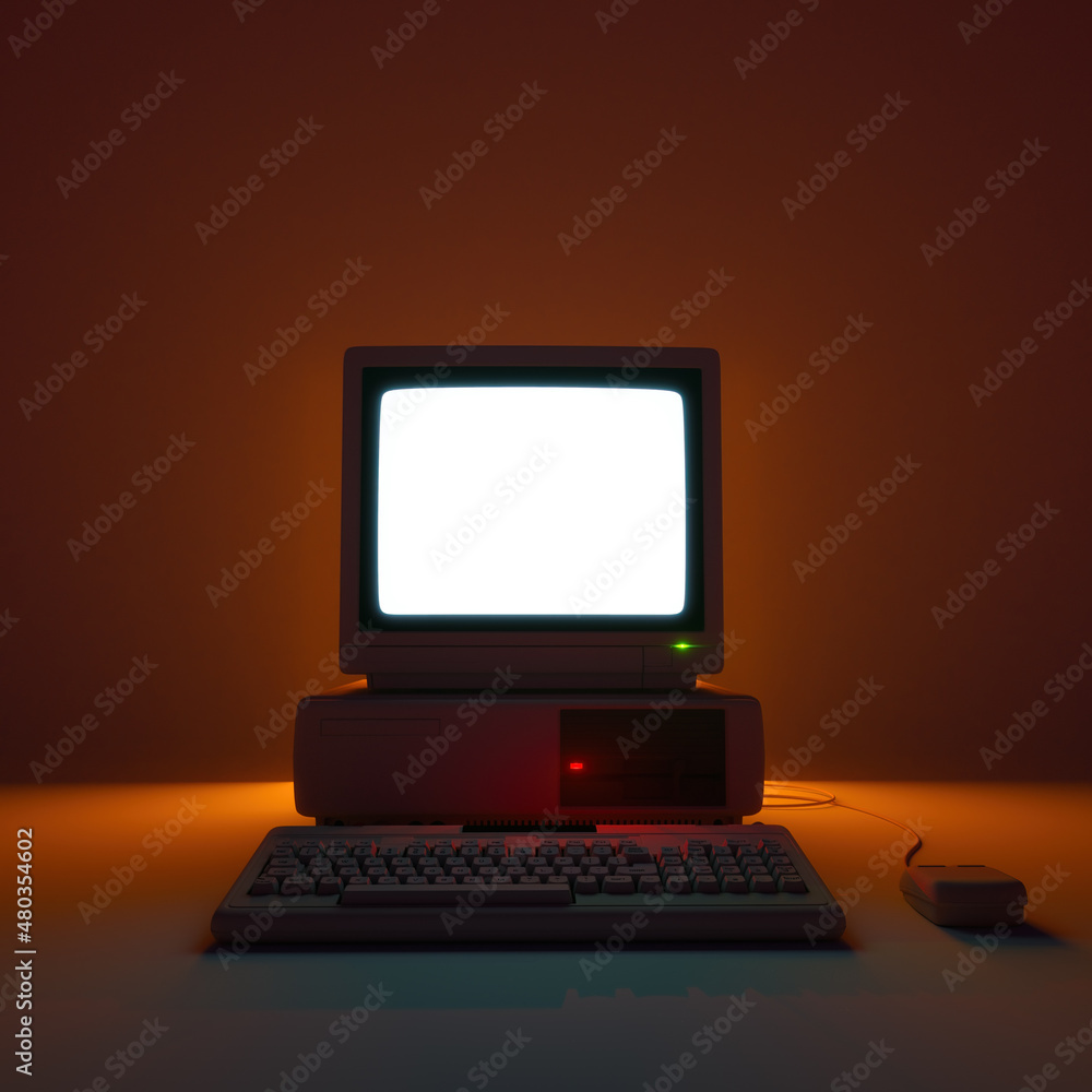 Poster vintage desktop pc with glowing blank screen in low light. 3d rendering.